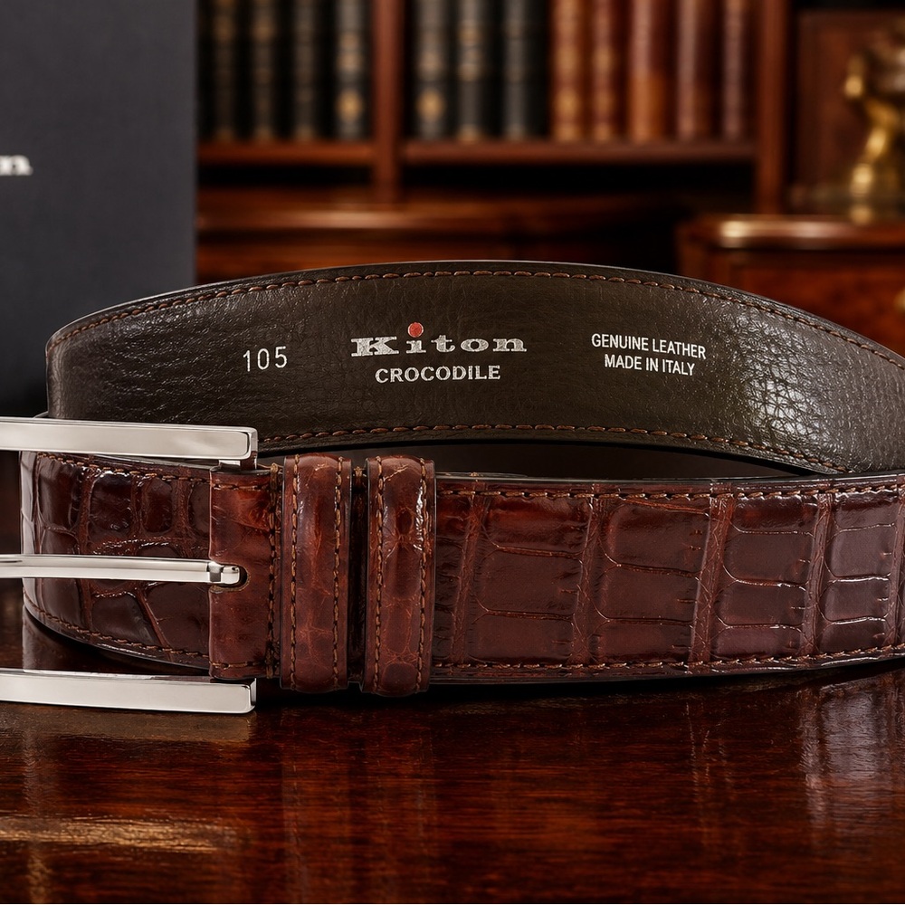 Kiton Handmade Genuine Cognac Crocodile Belt - Palladium-Plated Brass Buckle